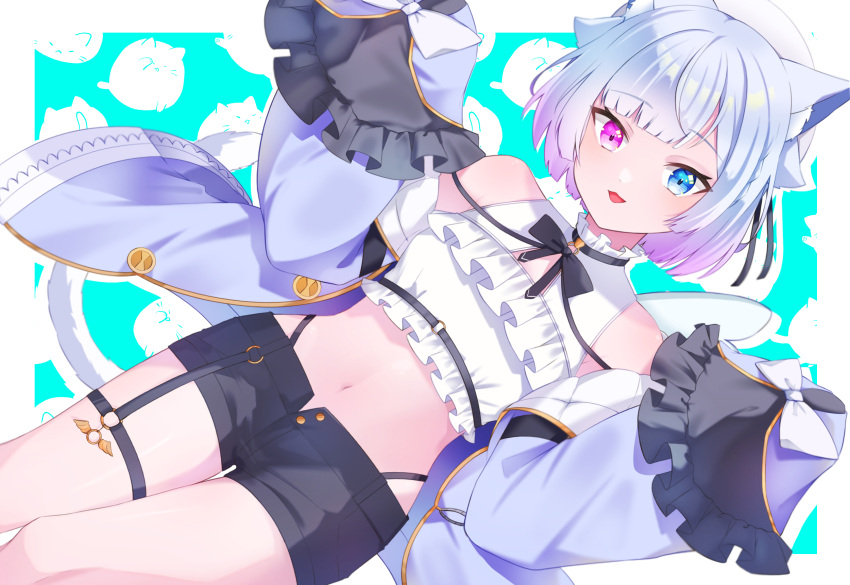 1girl amemiya_nazuna amemiya_nazuna_(1st_costume) animal_ear_fluff animal_ears beret black_panties black_shorts blue_eyes cat_ears cropped_shirt flat_chest frilled_shirt frills grey_hair grey_jacket hat heterochromia high-waist_panties highres iyotsuki11 jacket looking_at_viewer navel o-ring o-ring_thigh_strap open_fly open_mouth panties pink_eyes shirt short_hair short_shorts shorts sleeves_past_fingers sleeves_past_wrists smile solo thigh_strap underwear virtual_youtuber vshojo white_shirt