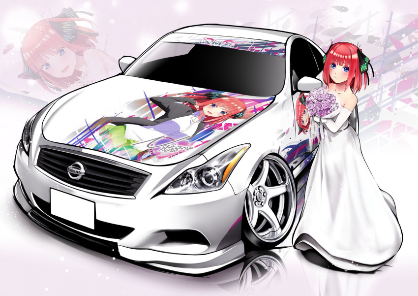 1girl black_ribbon blue_eyes bouquet car chris_ilst dress elbow_gloves flower gloves go-toubun_no_hanayome hair_ribbon highres holding holding_bouquet itasha medium_hair motor_vehicle nakano_nino nissan nissan_skyline nissan_skyline_v36 open_mouth purple_flower purple_rose red_hair ribbon rose smile solo stance_(vehicle) strapless strapless_dress vehicle_focus wedding_dress white_dress white_gloves