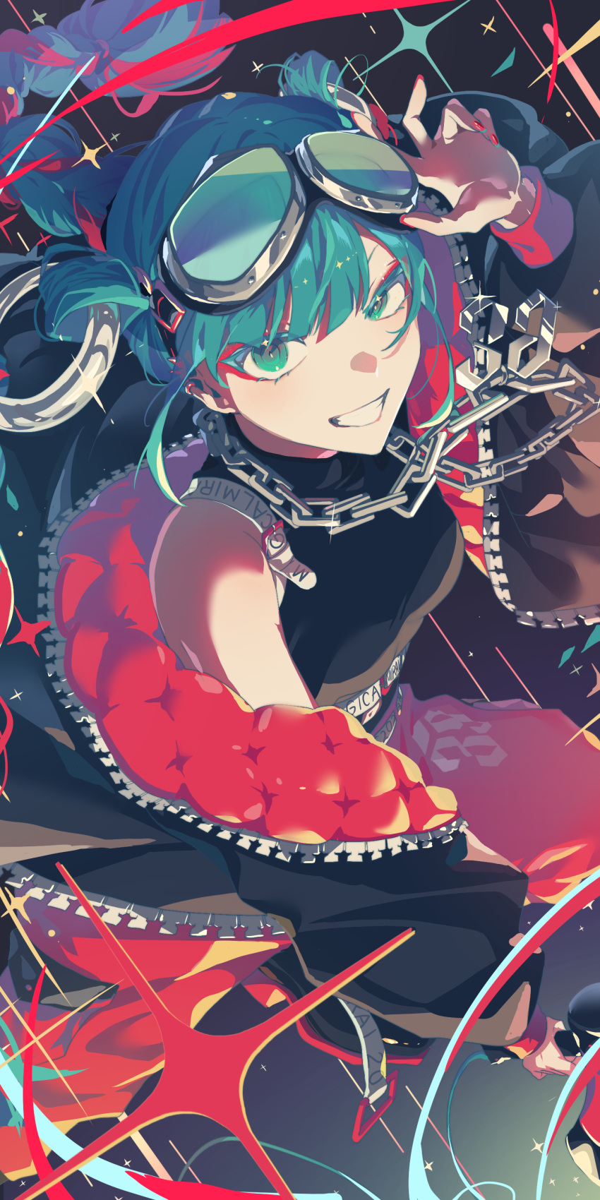 1girl absurdres adjusting_goggles aqua_eyes aqua_hair black_jacket black_skirt braid braided_ponytail breasts chain commentary_request goggles goggles_on_head grin hatsune_miku highres holding holding_megaphone jacket kkkkirkir long_hair long_sleeves looking_at_viewer looking_up magical_mirai_(vocaloid) magical_mirai_miku magical_mirai_miku_(2023) medium_breasts megaphone red_nails single_bare_shoulder single_braid skirt smile solo two-sided_fabric two-sided_jacket upper_body vocaloid
