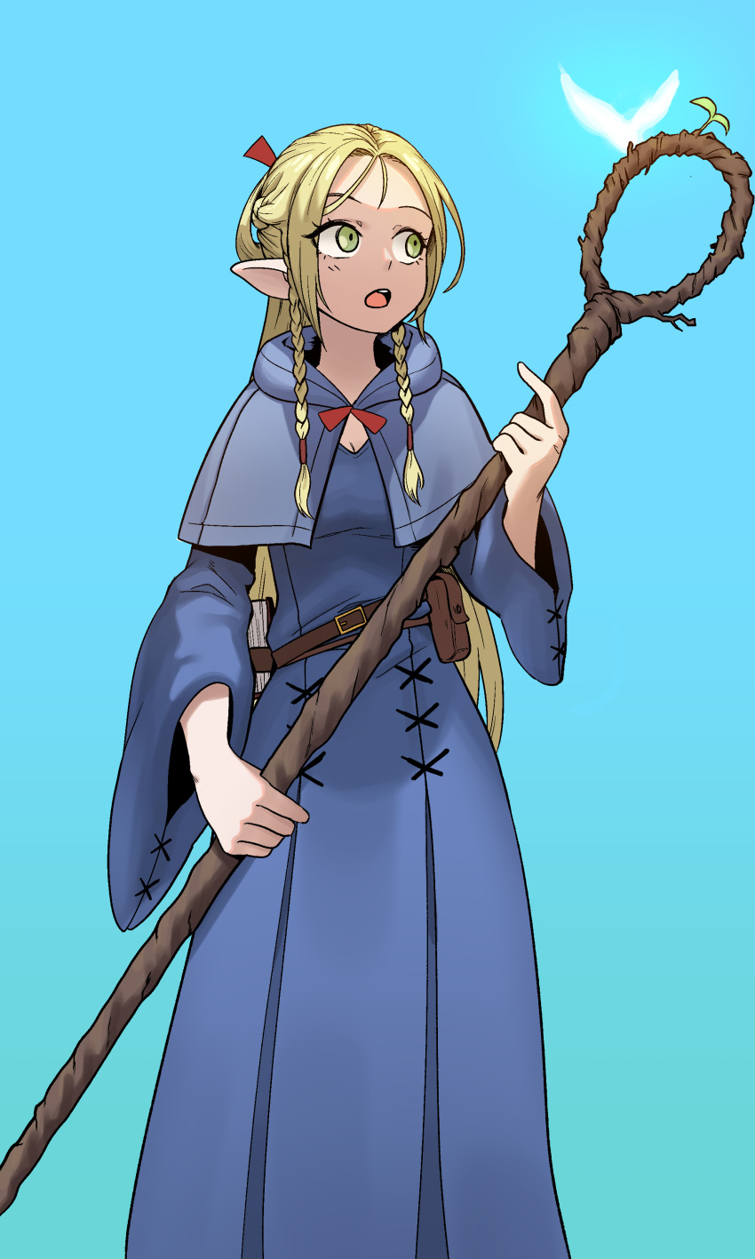 1girl absurdres belt belt_pouch blonde_hair blue_background blue_capelet blue_hood blue_robe brown_belt capelet dungeon_meshi elf green_eyes highres holding holding_staff hood hooded_capelet long_hair long_sleeves marcille open_mouth pointy_ears pouch robe simple_background solo staff standing wide_sleeves yaritoo