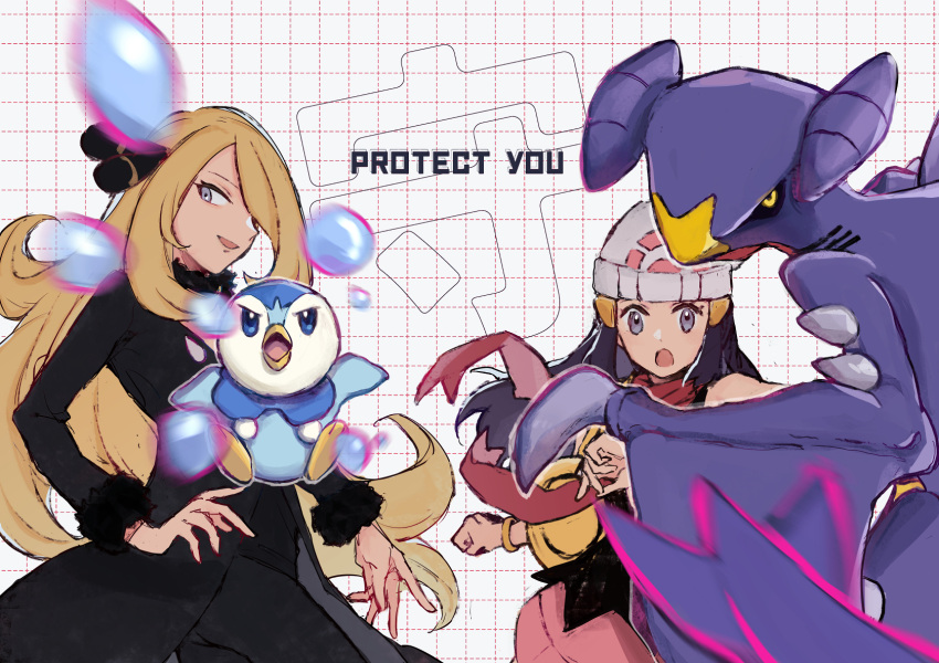 2girls bag beanie black_coat black_hair blonde_hair blue_eyes bubble chikiso coat commentary_request cynthia_(pokemon) dawn_(pokemon) duffel_bag english_text eyelashes floating_scarf fur-trimmed_coat fur-trimmed_sleeves fur_collar fur_trim garchomp grey_eyes hair_ornament hair_over_one_eye hat highres long_hair long_sleeves multiple_girls open_mouth pink_skirt piplup pokemon pokemon_(creature) pokemon_dppt pokemon_platinum red_scarf scarf simple_background skirt sleeveless smile white_headwear