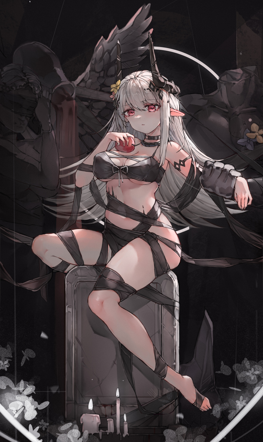 1girl absurdres apple arknights armlet bare_shoulders barefoot bikini black_bikini black_choker breasts candle candy_apple choker cleavage closed_mouth flower food fruit full_body grey_hair hair_flower hair_ornament highres horns large_breasts long_hair looking_at_viewer mudrock_(arknights) mudrock_(silent_night)_(arknights) navel oreshki oripathy_lesion_(arknights) pointy_ears red_eyes sitting solo statue swimsuit tombstone very_long_hair yellow_flower
