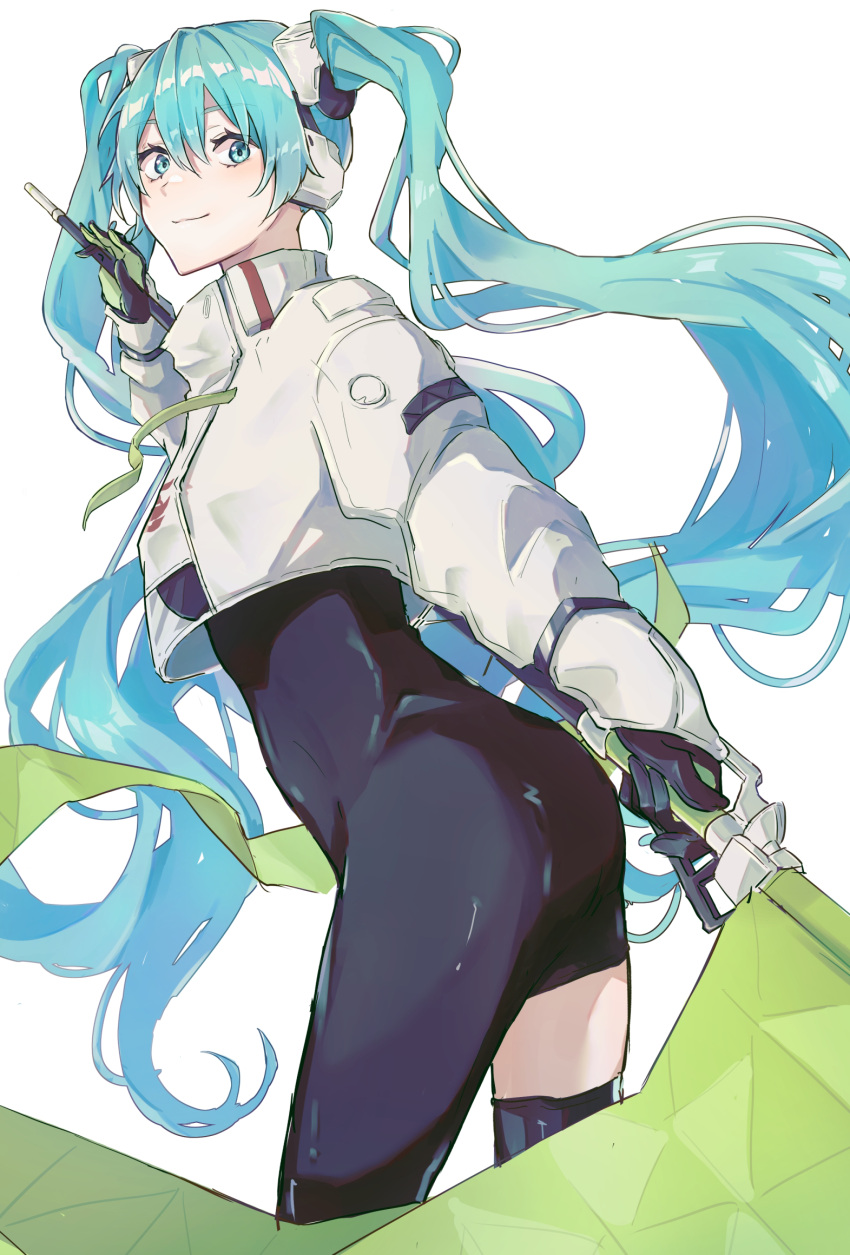 1girl aqua_eyes aqua_hair ass asymmetrical_bodysuit black_bodysuit black_gloves bodysuit boots closed_mouth commentary cowboy_shot cropped_jacket flag flagpole from_behind gloves green_flag green_gloves hatsune_miku highres holding holding_flag holding_pole jacket long_hair long_sleeves looking_at_viewer looking_back pole race_queen racing_miku racing_miku_(2022) shionagi_hagi single_leg_bodysuit single_thigh_boot single_thighhigh smile solo thigh_boots thighhighs twintails two-tone_gloves very_long_hair vocaloid wavy_hair white_jacket