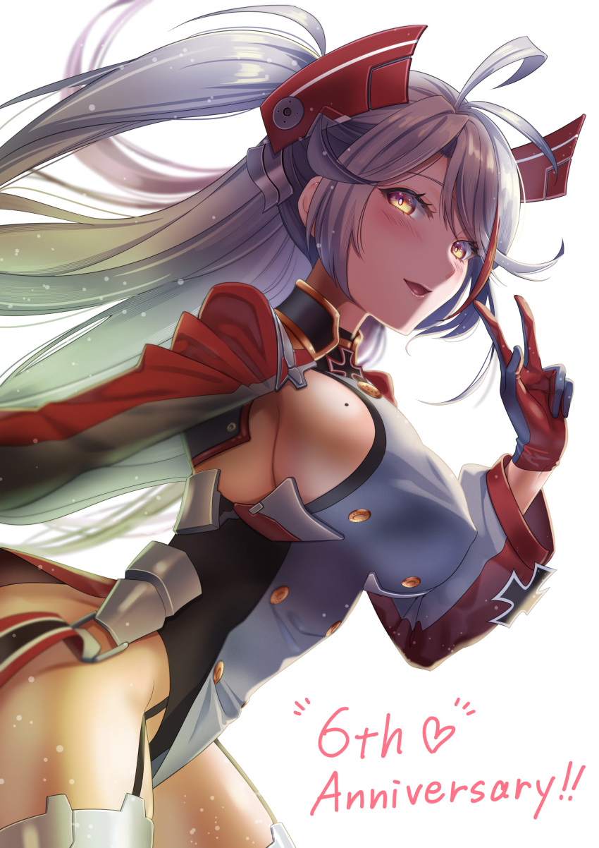 1girl absurdres anniversary antenna_hair azur_lane black_garter_straps breasts buttons cowboy_shot double-breasted english_text garter_straps gloves grey_gloves grey_hair headgear highres large_breasts long_hair long_sleeves mole mole_on_breast multicolored_hair prinz_eugen_(azur_lane) red_gloves red_hair sideboob simple_background solo streaked_hair takemi708 two-tone_gloves very_long_hair white_background