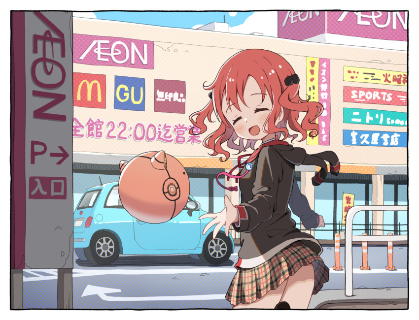 1girl aeon_(retailer) animal_hood black_hoodie blue_sky breasts building car clockwork_rabbit closed_eyes clothes_lift cloud commentary_request cowboy_shot day facing_viewer floating from_behind gochuumon_wa_usagi_desu_ka? hair_ornament hood hoodie light_blush long_sleeves mcdonald's mohei motor_vehicle multicolored_clothes multicolored_skirt natsu_megumi open_mouth outdoors plaid plaid_skirt pleated_skirt rabbit_hood red_hair road short_hair sidelocks sign skirt skirt_lift sky small_breasts smile solo standing street traffic_cone two_side_up wavy_hair wind wind_lift