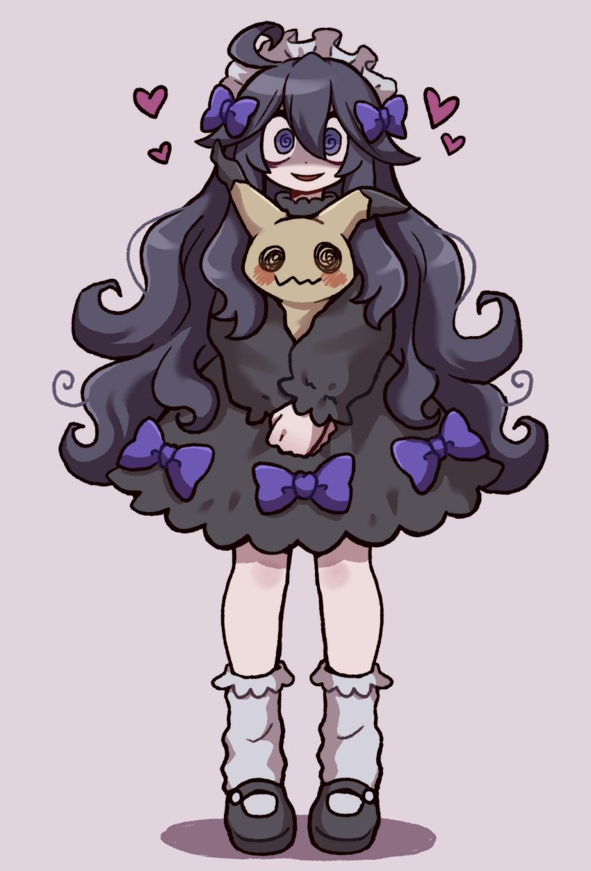 1girl :d @_@ ahoge alternate_costume bow commentary_request dress hair_between_eyes hair_bow headdress heart hex_maniac_(pokemon) highres holding holding_pokemon kopeniko long_sleeves looking_at_viewer mimikyu open_mouth own_hands_together pokemon pokemon_(creature) pokemon_(game) pokemon_xy purple_bow shoes smile socks standing