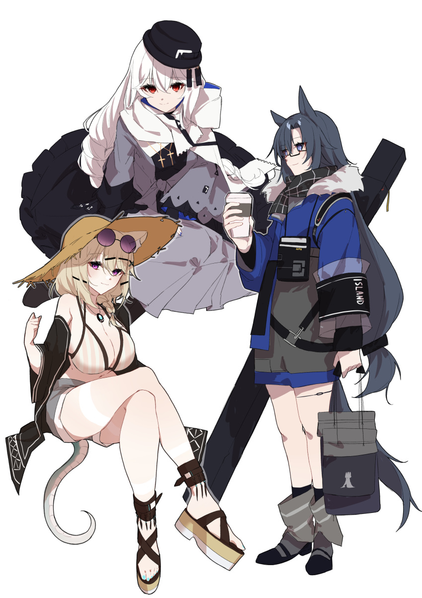 3girls absurdres animal_ear_fluff animal_ears arknights bag bespectacled bikini black_footwear black_hair black_headwear black_jacket black_scarf blonde_hair blue_eyes blue_jacket blue_shorts braid breasts brown_bikini cat_ears clenched_hand commentary cup disposable_cup dress eyewear_on_head fang_(arknights) fang_(cruciata)_(arknights) full_body fur-trimmed_jacket fur_trim glasses goma_74umai grey_dress grey_shorts hair_ornament hairclip hat highres holding holding_bag holding_cup huge_breasts jacket lizard_tail long_hair looking_at_viewer low-tied_long_hair multiple_girls official_alternate_costume plaid plaid_scarf purple-tinted_eyewear red_eyes sandals scarf shopping_bag shorts side_braid simple_background sitting small_breasts smile specter_(arknights) specter_(undercurrent)_(arknights) standing straw_hat striped striped_bikini sunglasses swimsuit tail tinted_eyewear utage_(arknights) utage_(summer_flowers)_(arknights) vertical-striped_bikini vertical_stripes white_background white_hair white_scarf wolf_ears wolf_girl wolf_tail yokozuwari