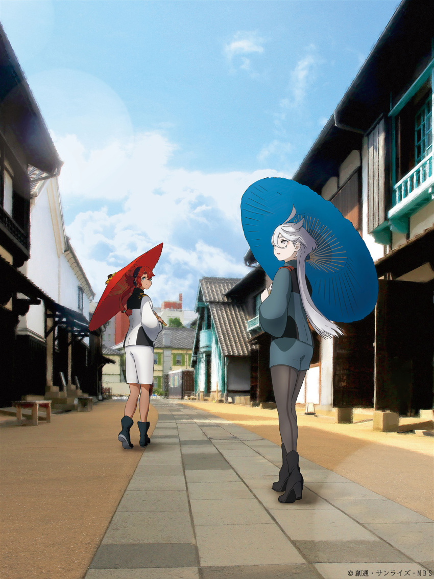 2girls absurdres ahoge architecture artist_request asticassia_school_uniform black_footwear blue_sky boots cloud cloudy_sky copyright east_asian_architecture full_body green_shorts gundam gundam_suisei_no_majo hairband highres long_hair looking_back miorine_rembran multiple_girls official_art oil-paper_umbrella outdoors pantyhose photo_background red_hair school_uniform short_shorts shorts sky suletta_mercury umbrella very_long_hair walking white_hair white_shorts