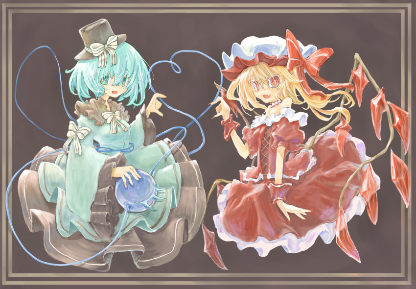 2girls black_headwear blonde_hair bow dress flandre_scarlet green_dress green_eyes green_hair grey_background highres komeiji_koishi medium_hair multiple_girls red_dress red_eyes simple_background touhou white_headwear yamasina009