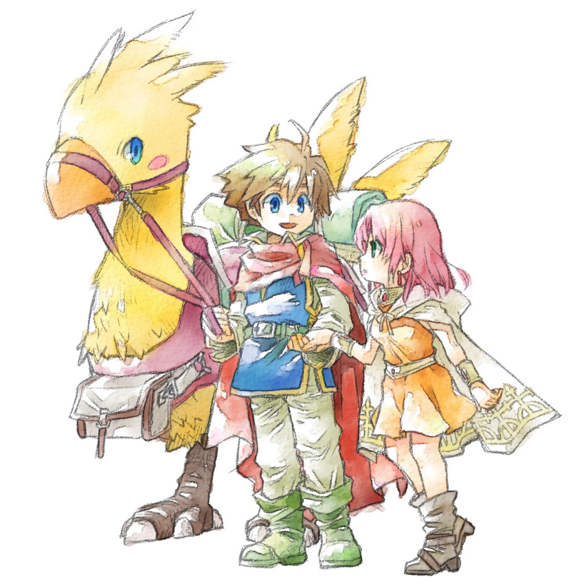 1boy 1girl bartz_klauser blue_eyes boco bracelet cape chocobo earrings eggru final_fantasy final_fantasy_v highres holding_hands jewelry lenna_charlotte_tycoon pink_hair red_cape short_hair white_cape