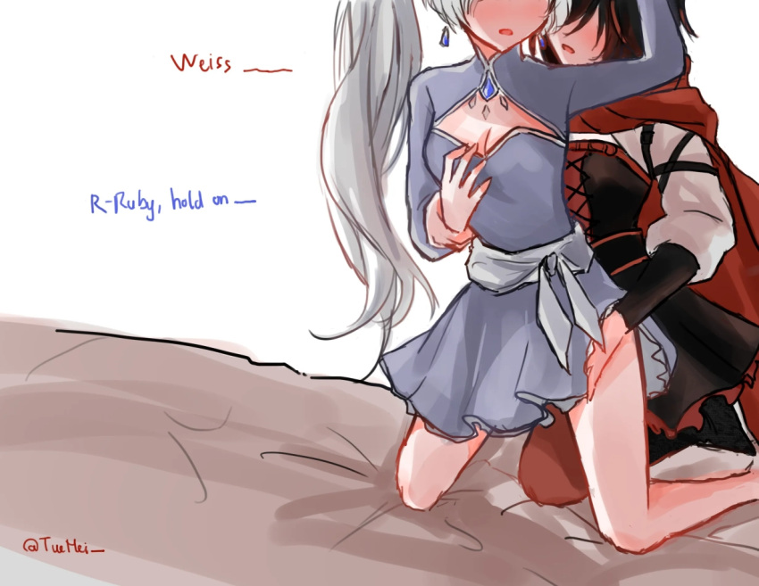 2girls artist_name blue_dress blush cape dress english_text gradient_hair hand_on_another's_chest hand_on_another's_head hand_under_clothes hand_under_skirt kneeling long_hair multicolored_hair multiple_girls open_mouth ponytail red_cape red_dress red_hair ruby_rose rwby scar scar_across_eye short_hair thighs weiss_schnee white_hair yuri