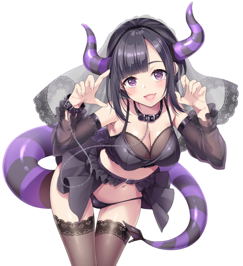 1girl akizora_momiji black_bra black_collar black_hair black_panties black_sleeves black_thighhighs black_veil bra bracelet breasts chain cleavage collar commentary_request demon_girl demon_horns demon_tail detached_sleeves fang highres horns jewelry lace-trimmed_bra lace_sleeves lace_thighhighs lace_trim lace_veil large_breasts leaning_forward medium_hair mole mole_under_eye navel open_mouth original panties parted_bangs purple_eyes sidelocks simple_background solo standing striped_horns striped_tail tail thigh_gap thighhighs thighs underwear veil white_background