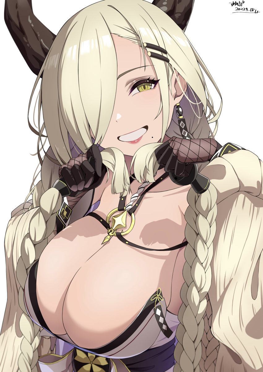 1girl absurdres azur_lane black_gloves blonde_hair braid breasts cleavage dated earrings fishnets gloves grin hair_ornament hair_over_one_eye hairclip highres holding holding_hair horns jewelry large_breasts lips long_hair looking_at_viewer low_twin_braids mole mole_under_mouth open_mouth owari_(azur_lane) simple_background smile solo sunebu_(snake_boo2) twin_braids upper_body very_long_hair white_background yellow_eyes