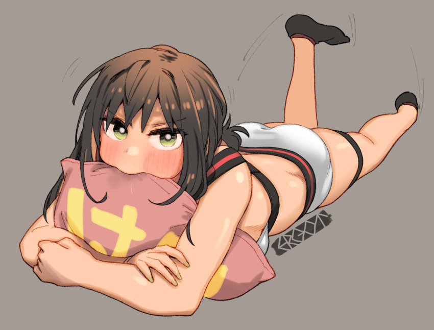 1girl ankle_socks artist_logo artist_name black_socks blush bra breasts brown_hair commentary_request ergot face_in_pillow facing_viewer fubuki_(kancolle) full-face_blush green_eyes grey_background hair_between_eyes kantai_collection kicking leg_up looking_at_viewer low_ponytail lying medium_breasts medium_hair motion_lines object_hug on_stomach panties pillow pillow_hug saliva sidelocks simple_background socks solo thigh_strap underwear underwear_only white_bra white_panties