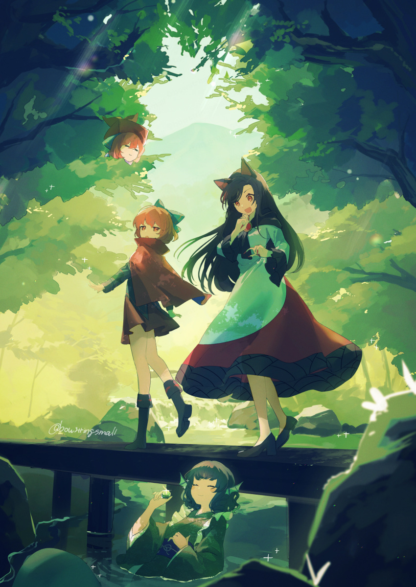 3girls animal_ears ankle_boots artist_name black_footwear black_hair black_shirt blue_bow blue_hair boots bow bridge brooch cape closed_eyes dress fingernails fins floating_head forest giant_tree green_kimono hair_bow head_fins highres imaizumi_kagerou japanese_clothes jewelry kimono long_fingernails long_hair long_sleeves looking_down multiple_girls nail_polish nature obi oito_(bowstringsmall) partially_submerged pleated_skirt red_cape red_dress red_eyes red_hair red_nails red_skirt river sash sekibanki sharp_fingernails shirt short_hair skirt smile touhou tree twitter_username two-tone_dress wakasagihime water white_dress wide_sleeves wolf_ears