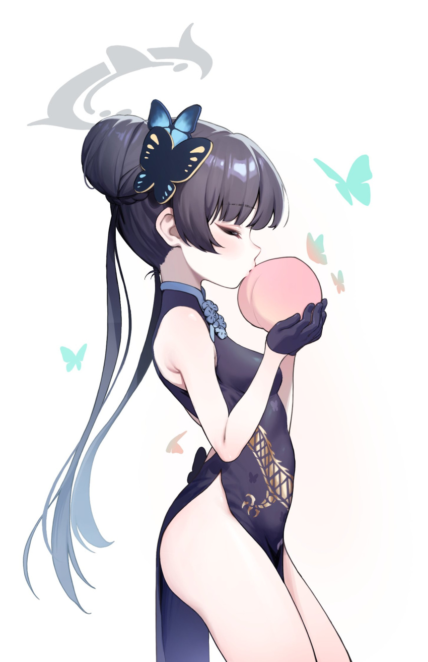 1girl animal black_dress black_gloves black_hair blue_archive bug butterfly cheenack china_dress chinese_clothes double_bun dragon_print dress food from_side fruit gloves grey_halo hair_bun halo highres holding holding_food holding_fruit kisaki_(blue_archive) long_hair peach profile simple_background sleeveless sleeveless_dress solo twintails white_background