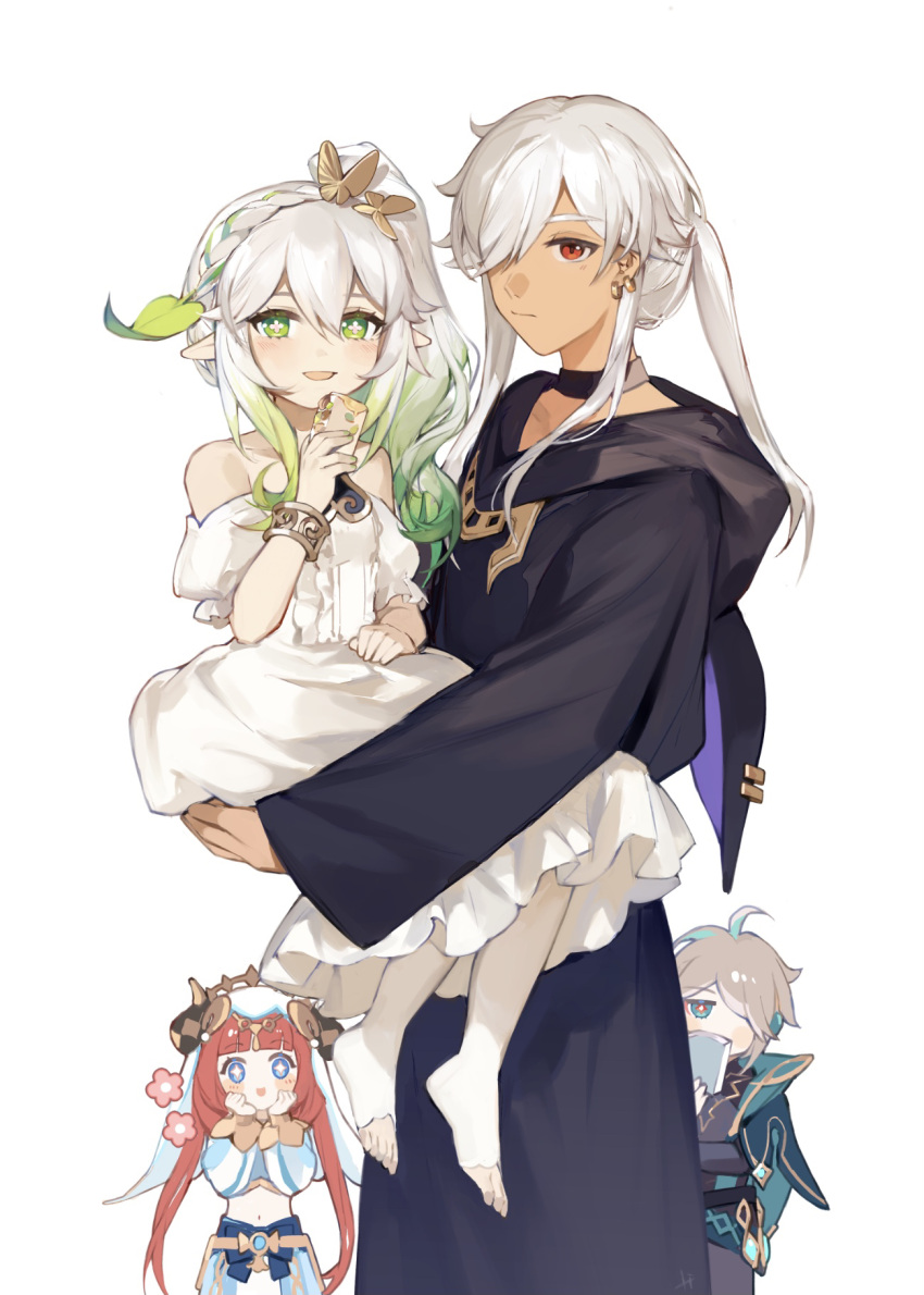 2boys 2girls alhaitham_(genshin_impact) alternate_costume animal_hood bare_shoulders black_choker black_cloak blue_eyes blush carrying choker cloak cyno_(genshin_impact) dark-skinned_male dark_skin dress ear_piercing genshin_impact green_hair grey_hair hair_over_one_eye highres holding hood hood_down hooded_cloak lizi_(st3648) long_hair multicolored_hair multiple_boys multiple_girls nahida_(genshin_impact) nilou_(genshin_impact) open_mouth pantyhose piercing pointy_ears red_hair side_ponytail simple_background toeless_legwear veil white_background white_dress white_hair white_pantyhose