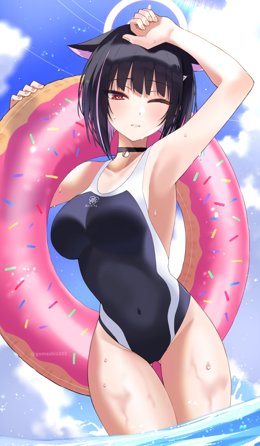 1girl absurdres alternate_costume animal_ears arm_up armpits bare_shoulders black_hair black_one-piece_swimsuit blue_archive blue_sky blush breasts cat_ears choker collarbone colored_inner_hair covered_navel extra_ears gomashi_(goma) hair_ornament hairclip halo highleg highleg_swimsuit highres innertube kazusa_(blue_archive) large_breasts looking_at_viewer multicolored_hair one-piece_swimsuit one_eye_closed pink_hair presenting_armpit red_eyes short_hair sky solo swimsuit thighs trinity_general_school_swimsuit wading water wet