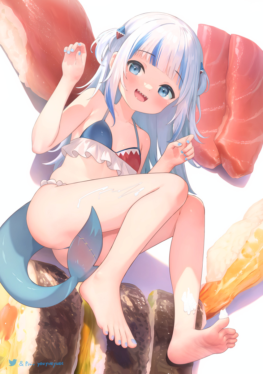 1girl 909446844 absurdres adapted_costume bare_shoulders barefoot bikini blue_bikini blue_eyes blue_hair blue_nails blunt_bangs blush collarbone eyelashes feet fins fish_(food) fish_tail food frilled_bikini frills full_body gawr_gura grey_hair hands_up highres hololive knees_together_feet_apart legs long_hair looking_at_viewer multicolored_hair nail_polish nigirizushi shadow shark_girl shark_tail sharp_teeth sidelocks soles solo streaked_hair suggestive_fluid sushi swimsuit tail tail_censor teeth thighs toenail_polish toenails toes twitter_logo twitter_username two_side_up virtual_youtuber white_background