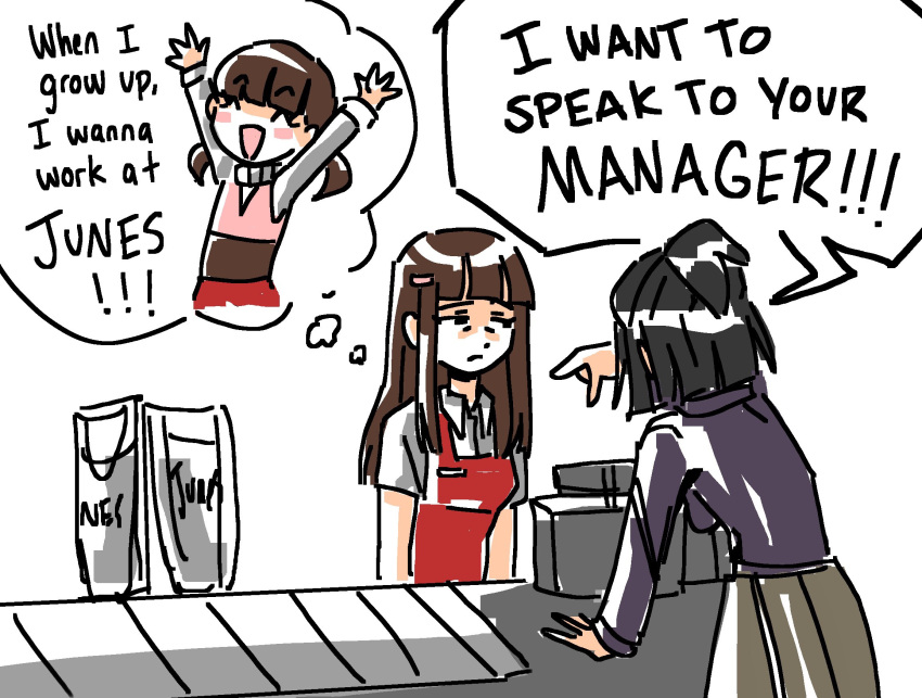 2girls aged_up apron brown_hair cash_register cashier doujima_nanako employee_uniform english_text gimmie20dollas hair_ornament hairclip highres hime_cut imagining long_hair multiple_girls persona persona_4 red_apron sad solo_focus speech_bubble store_clerk thought_bubble uniform