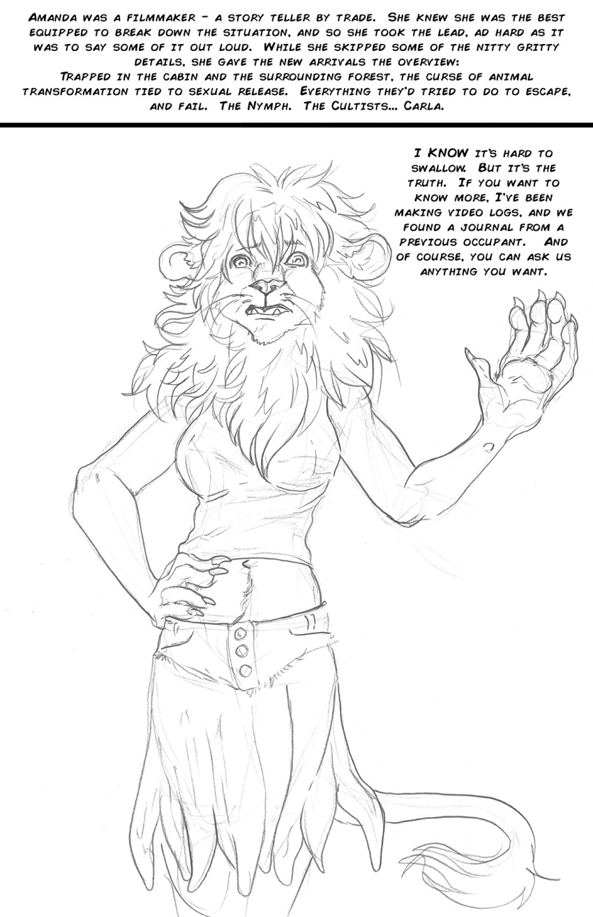 amanda_(tcitw) anthro arania bottomwear breasts clothing dialogue english_text felid female hair herm_(lore) hi_res lion mammal navel pantherine shirt skirt solo tail tail_tuft tank_top text the_cabin_in_the_woods_(arania) topwear tuft whiskers