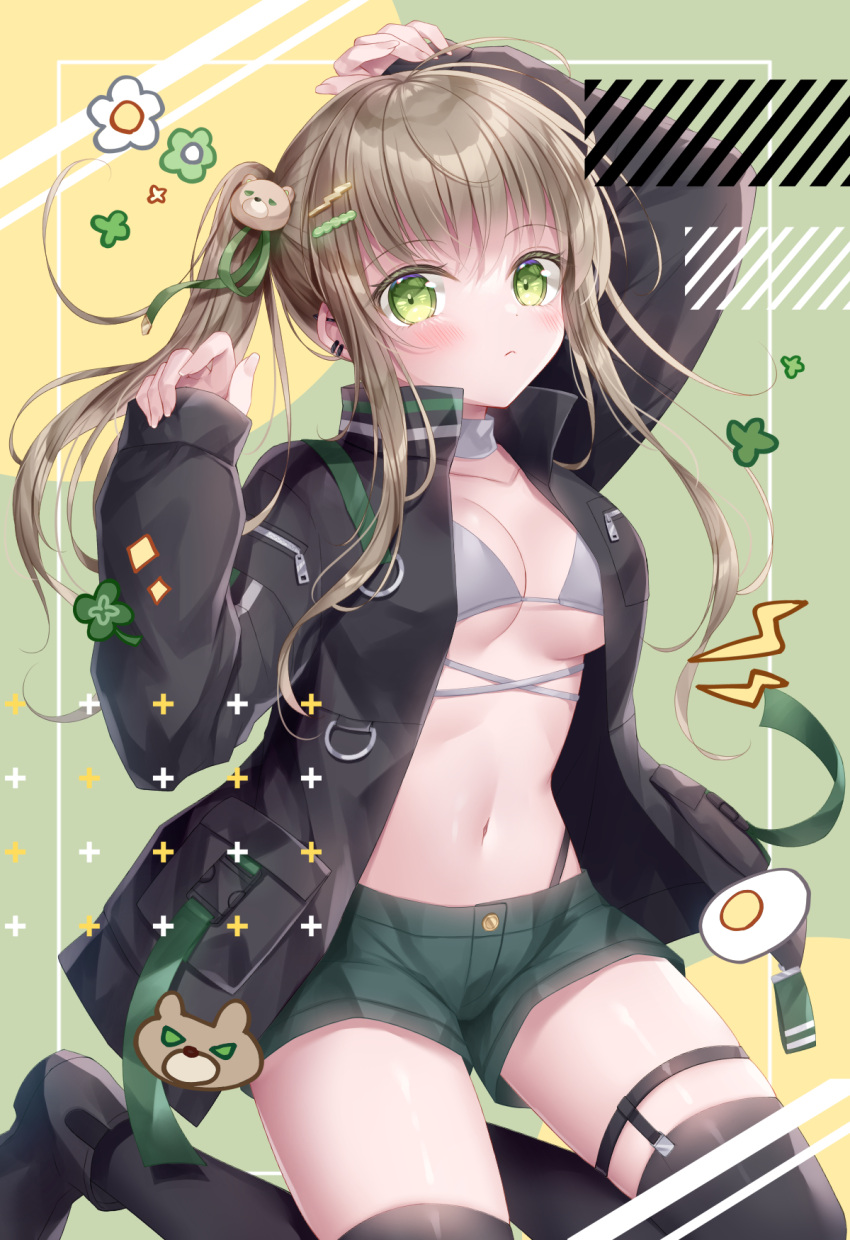 1girl arm_up bear_hair_ornament bikini bikini_top_only bikini_under_clothes black_footwear black_jacket black_thighhighs blush boots breasts brown_hair closed_mouth collarbone commentary_request green_background green_ribbon green_shorts grey_bikini hair_ornament hair_ribbon hairclip hand_up highres jacket kohinata_hoshimi lightning_bolt_symbol long_hair long_sleeves looking_at_viewer open_clothes open_jacket original pinching_sleeves puffy_long_sleeves puffy_sleeves ribbon short_shorts shorts side_ponytail sidelocks sleeves_past_wrists small_breasts solo swimsuit thighhighs thighhighs_under_boots very_long_hair