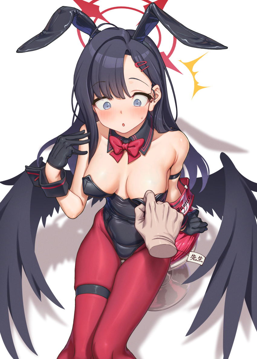 1girl :o absurdres armband aya_shachou black_choker black_gloves black_hair black_leotard black_wings blue_archive blush breasts choker cleavage disembodied_limb gloves grey_eyes hair_ornament hairclip halo highres ichika_(blue_archive) leotard leotard_pull long_hair low_wings medium_breasts on_stool pantyhose playboy_bunny red_pantyhose surprised thigh_strap wings wrist_cuffs