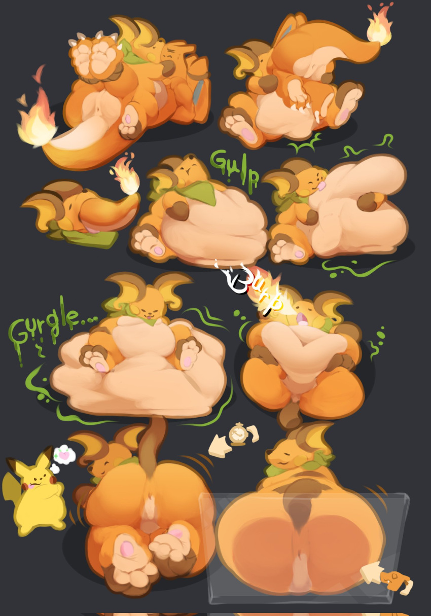 after_vore anthro anus belly big_belly big_butt butt charizard digestion duo feet generation_1_pokemon hi_res nintendo oral_vore pikachu pokemon pokemon_(species) raichu simple_background size_difference smaller_prey smile swollen thick_thighs vore watagenodebi