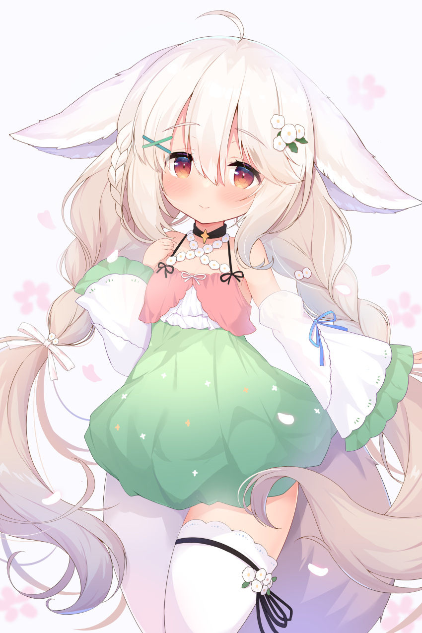 1girl absurdres ahoge animal_ears bare_shoulders black_choker braid choker closed_mouth commentary_request detached_sleeves dress flower green_dress hair_between_eyes hair_flower hair_ornament hairclip hand_up highres kagerou_(shadowmage) light_brown_hair long_hair long_sleeves low_twintails original pantyhose sakurada_shiro single_leg_pantyhose single_thighhigh sleeveless sleeveless_dress smile solo tail thighhighs twin_braids twintails very_long_hair white_flower white_pantyhose white_sleeves white_thighhighs wide_sleeves x_hair_ornament