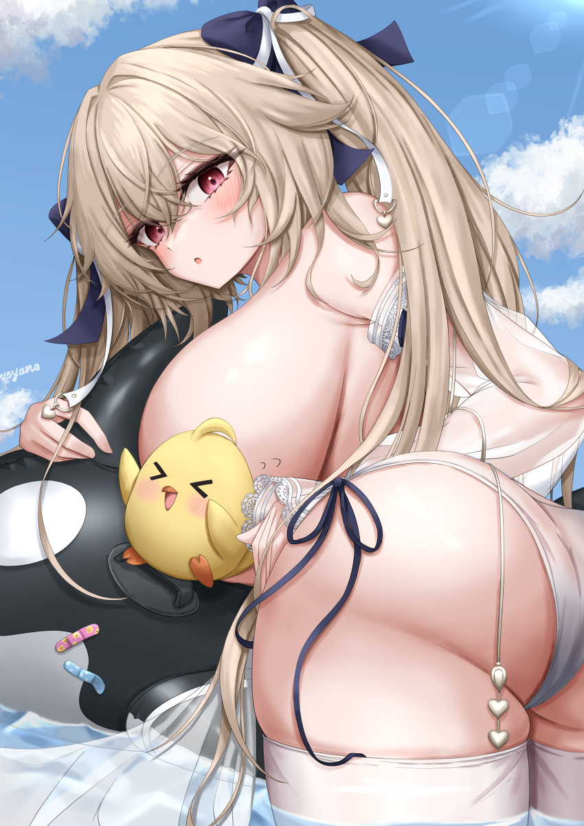 1girl absurdres anchorage_(azur_lane) ass azur_lane bare_shoulders breasts commentary hair_between_eyes highres huge_breasts light_brown_hair long_hair looking_at_viewer manjuu_(azur_lane) open_mouth red_eyes see-through see-through_sleeves sideboob solo swimsuit thighhighs twintails ueyama_0clock very_long_hair white_thighhighs