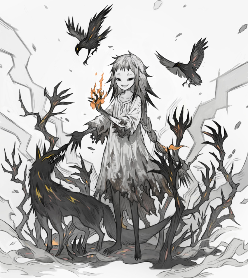 1girl absurdres animal bird black_eyes black_skin braid braided_ponytail branch claws colored_skin colored_tips crow dress empty_eyes english_commentary fire flaming_hand fox full_body grey_dress grey_hair grey_skin grin hands_up highres long_hair long_sleeves looking_at_viewer multicolored_hair multicolored_skin napal_(ve_xillum) original sidelocks smile smoke solo standing torn_clothes torn_dress very_long_hair white_background