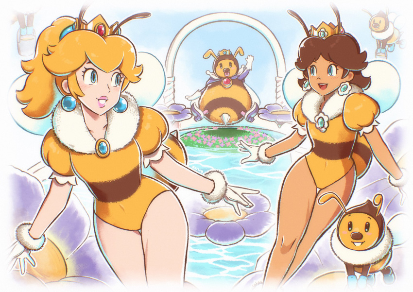 3girls :d antennae arthropod_girl bee_girl bee_wings blonde_hair blue_eyes blue_gemstone blush border brooch brown_hair cape commentary covered_navel crown earrings english_commentary eyelashes flower flower_brooch flower_earrings fur-trimmed_gloves fur_collar fur_trim gem gloves hair_between_eyes high_ponytail highres honey_queen_(mario) honeybee_(mario) insect_wings jewelry leotard lips long_hair looking_at_another mario_(series) medium_hair mini_crown multiple_girls open_mouth parted_lips ponytail princess_daisy princess_peach puffy_short_sleeves puffy_sleeves purple_cape purple_flower red_gemstone saiwo_(saiwoproject) short_sleeves sidelocks smile sphere_earrings stinger super_mario_galaxy tan teeth thigh_gap upper_teeth_only white_border white_gloves wings yellow_leotard