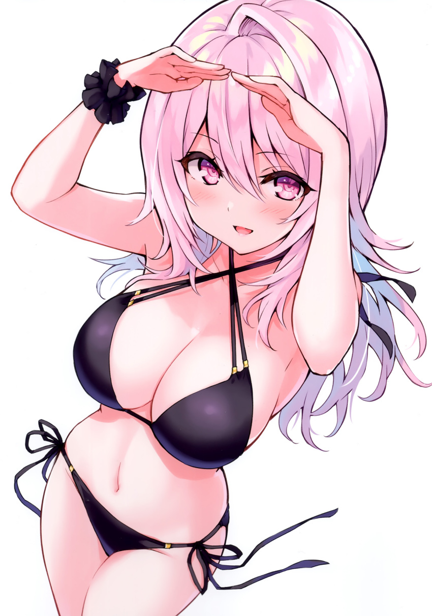 1girl absurdres bikini black_bikini blush breasts cleavage criss-cross_halter cu-no halterneck hands_up highres hisen_kaede large_breasts long_hair looking_at_viewer navel open_mouth pink_hair purple_eyes scan scrunchie side-tie_bikini_bottom simple_background smile solo stomach swimsuit thighs white_background wrist_scrunchie yayoi_sakura