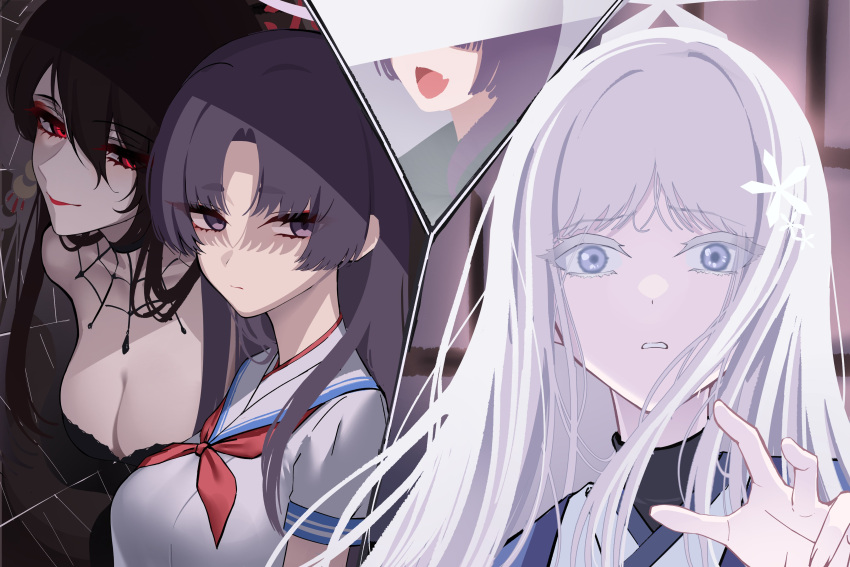 3girls absurdres aoi_riko black_hair blue_archive breasts character_request cleavage closed_mouth grey_hair hair_ornament highres long_hair makeup medium_breasts multiple_girls multiple_views nagusa_(blue_archive) purple_eyes purple_hair red_eyes sailor_collar school_uniform serafuku short_sleeves snowflake_hair_ornament upper_body white_hair yukari_(blue_archive)