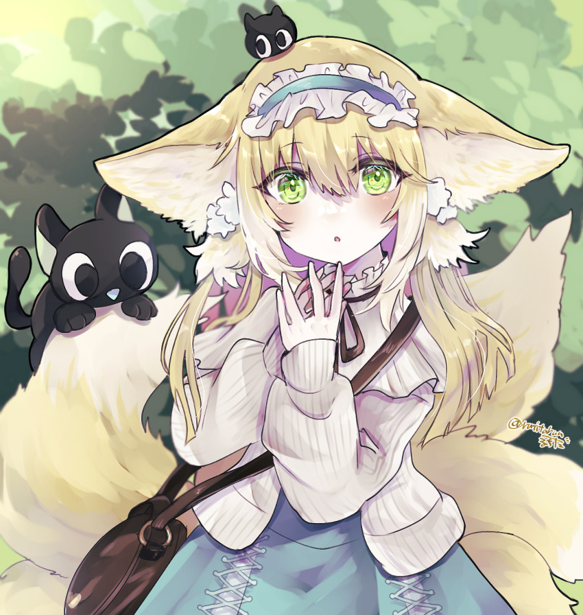 1girl animal_ears aqua_hairband aqua_skirt arknights bag black_cat blonde_hair brown_bag cardigan cat commentary cross-laced_clothes cross-laced_skirt cross-laced_slit crossover fox_ears fox_girl fox_tail frilled_hairband frills green_eyes hair_between_eyes hair_ornament hair_scrunchie hairband handbag heixiu highres kitsune kyuubi long_sleeves looking_at_viewer luo_xiaohei luo_xiaohei_zhanji multiple_tails neck_ribbon official_alternate_costume on_head parted_lips puffy_long_sleeves puffy_sleeves red_ribbon ribbon ruchita scrunchie shoulder_bag skirt solo suzuran_(arknights) suzuran_(spring_praise)_(arknights) tail yellow_cardigan