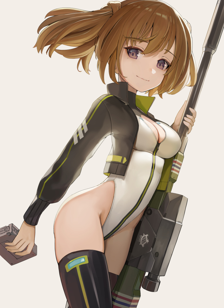1girl alice_gear_aegis black_jacket black_thighhighs breasts brown_eyes circle_cutout cleavage cleavage_cutout clothing_cutout companion/af cowboy_shot cropped_jacket gun highleg highleg_leotard highres holding jacket kimikage_yui leotard magazine_(weapon) medium_breasts race_queen smile solo sunga2usagi thighhighs twintails weapon white_leotard