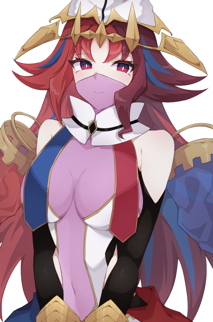 1girl absurdres bare_shoulders blue_eyes blue_hair bodysuit breasts bright_pupils cleavage covered_navel detached_sleeves duel_monster exceed_the_pendulum hat highres large_breasts long_hair long_sleeves mask mouth_mask multicolored_eyes multicolored_hair red_eyes red_hair solo streaked_hair tsuji_no white_pupils yu-gi-oh!