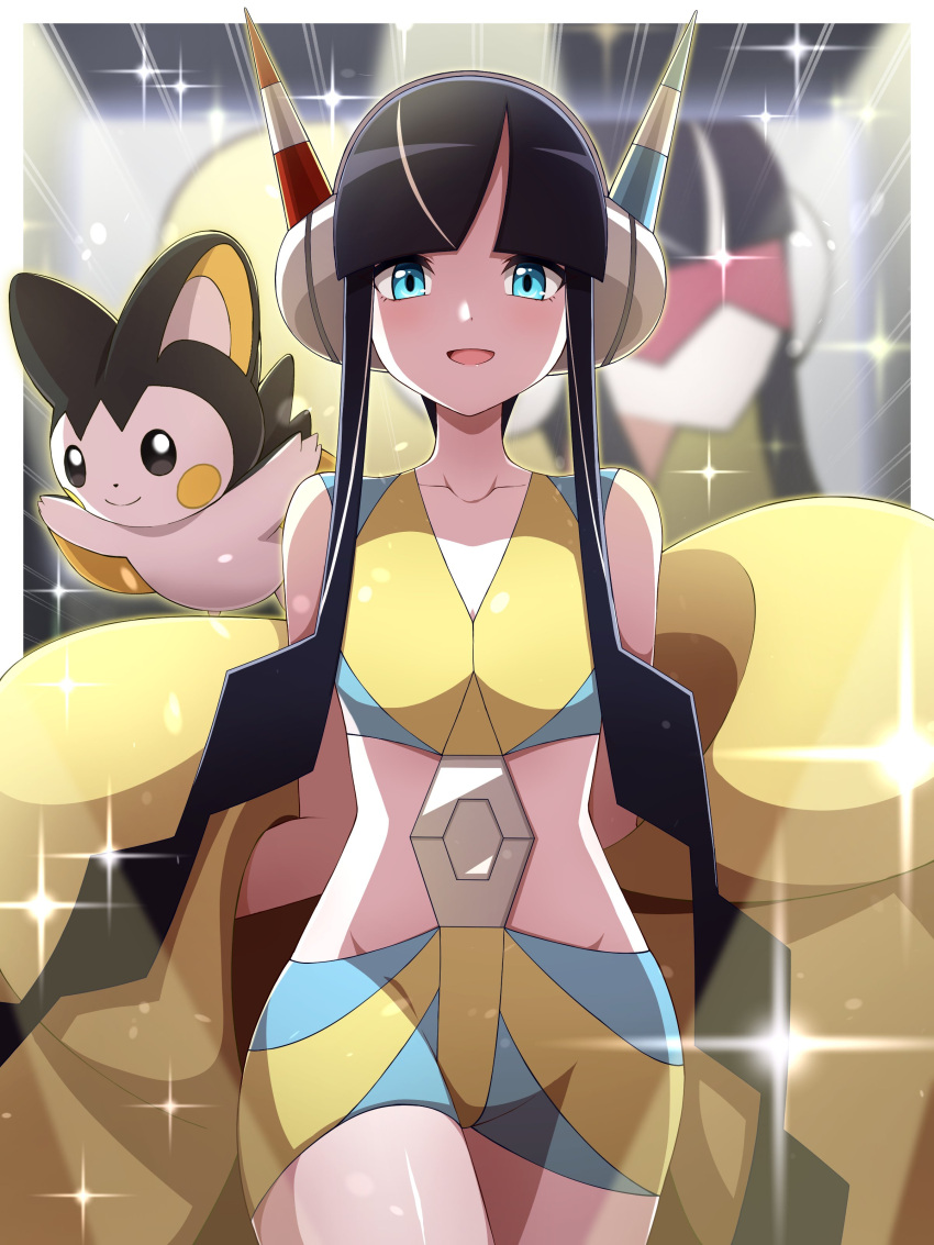 1girl absurdres bike_shorts black_hair blue_eyes blunt_bangs blurry blurry_background border coat commentary_request crop_top diffraction_spikes elesa_(pokemon) emolga flying fur_coat headphones highres jacket light_blush long_hair looking_at_viewer multicolored_hair open_clothes open_coat open_mouth outside_border pokemon pokemon_(creature) pokemon_(game) pokemon_bw2 shabana_may short_hair short_hair_with_long_locks shorts smile streaked_hair white_border white_hair yellow_coat