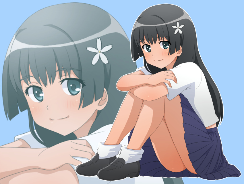 1girl black_footwear black_hair blue_sailor_collar blue_skirt blush closed_mouth commentary_request crossed_arms flower full_body green_eyes hair_flower hair_ornament knees_up loafers long_hair looking_at_viewer minatsuki_9 multiple_views sailor_collar sakugawa_school_uniform saten_ruiko school_uniform serafuku shoes short_sleeves skirt smile socks summer_uniform toaru_kagaku_no_railgun toaru_majutsu_no_index white_socks zoom_layer