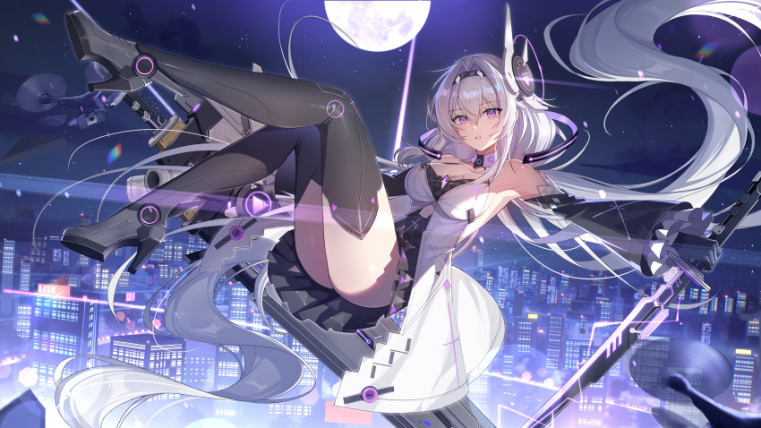 1girl absurdres bare_shoulders black_gloves black_skirt boots breasts character_request city city_lights cleavage commentary copyright_request detached_sleeves dress floating full_moon gloves high_heels highres holding holding_weapon large_breasts long_hair looking_at_viewer moon moonlight night night_sky outdoors parted_lips purple_eyes sidelocks skirt sky sleeves_past_wrists solo star_(sky) starry_sky symbol-only_commentary thigh_boots thighs very_long_hair weapon white_dress white_hair yolanda