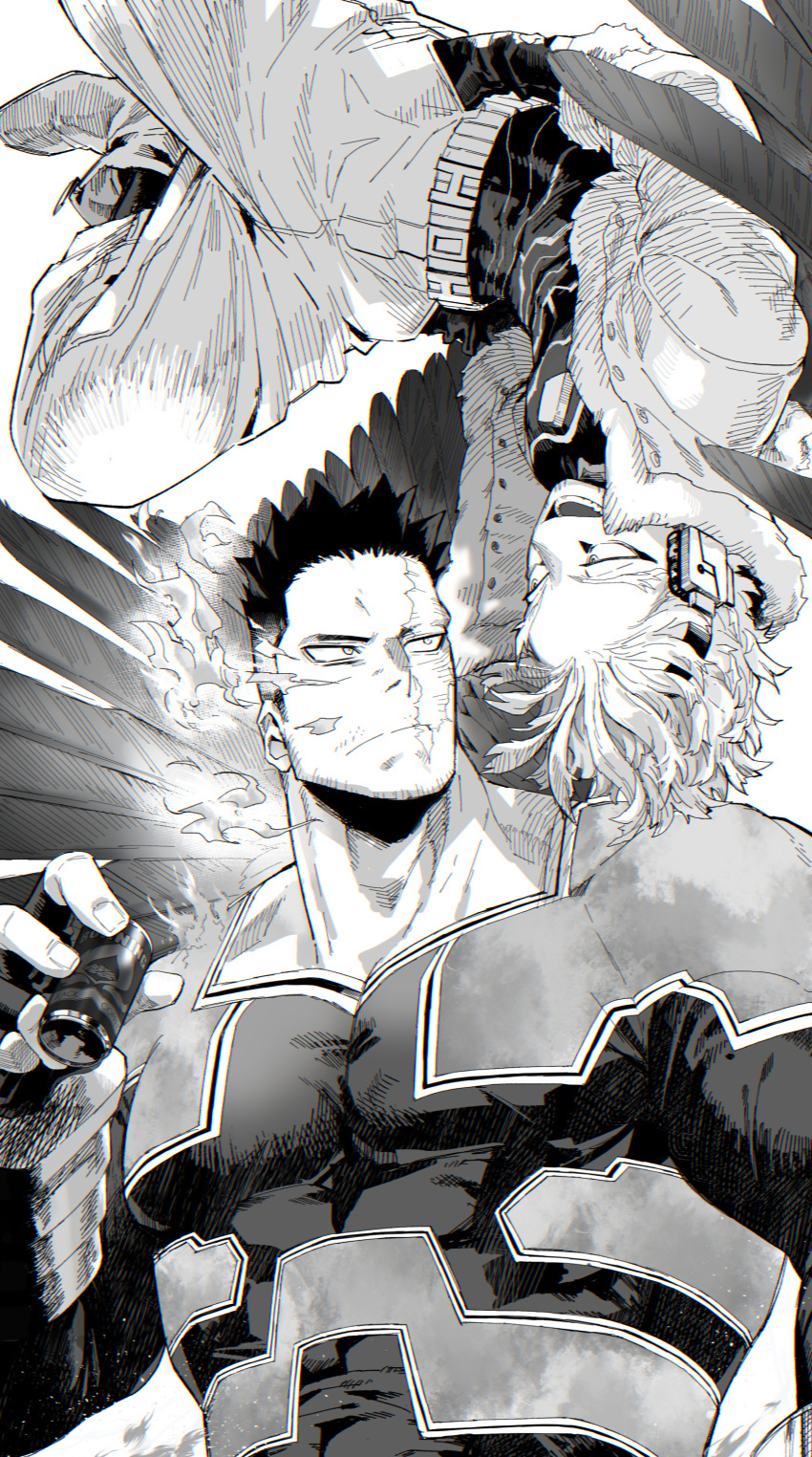 2boys absurdres ankle_boots asymmetrical_eyebrows bara belt bodysuit boku_no_hero_academia boots can canned_coffee chromatic_aberration closed_mouth closing covered_abs endeavor_(boku_no_hero_academia) eye_contact facial_hair facial_mark feathered_wings fire forked_eyebrows frown fur-trimmed_jacket fur-trimmed_sleeves fur_trim glowing greyscale hair_slicked_back hands_in_pockets happy hawks_(boku_no_hero_academia) headphones highres holding holding_can jacket leaning_to_the_side looking_at_another looking_to_the_side lower_teeth_only male_focus mature_male messy_hair midair migi_(mm86262394) monochrome multiple_boys muscular muscular_male open_mouth pants sanpaku scar scar_across_eye scar_on_face short_hair sideburns smile socks spiked_hair split_mouth spoilers stubble teeth tight_clothes triangle turning_head upper_body upside-down white_background wings