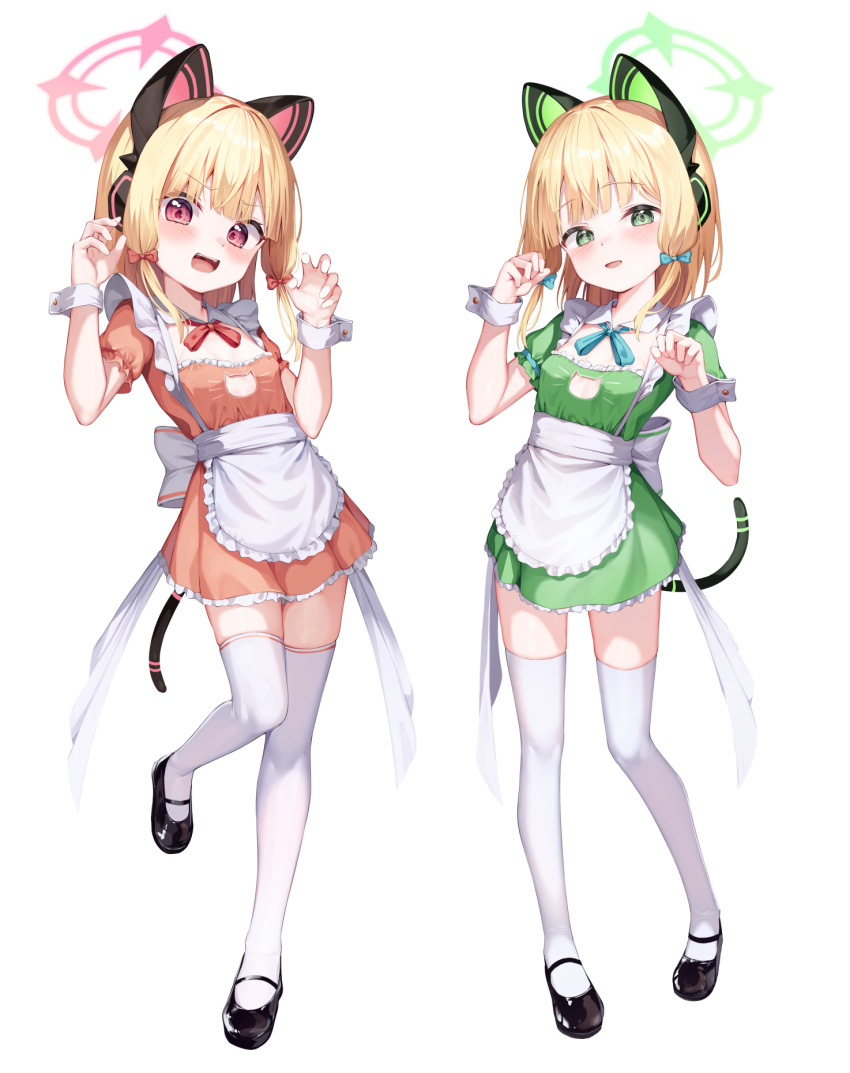 2girls alternate_costume animal_ear_headphones animal_ears apron black_footwear blonde_hair blue_archive blue_bow blush bow cat_cutout cat_ears cat_tail claw_pose cleavage_cutout clothing_cutout commentary_request detached_collar dress fake_animal_ears fake_tail full_body green_dress green_eyes hair_bow halo headphones highres looking_at_viewer low_tied_sidelocks maid mannack medium_hair midori_(blue_archive) momoi_(blue_archive) multiple_girls open_mouth orange_dress paid_reward_available parted_lips paw_pose pink_eyes red_bow sash shoes short_dress siblings simple_background sisters tail teeth thighhighs twins upper_teeth_only waist_apron white_background white_thighhighs wrist_cuffs zettai_ryouiki