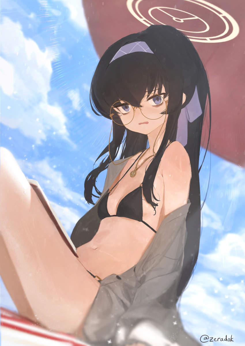 1girl beach bikini black_bikini black_hair blue_archive blue_sky breasts cloud day hairband halo highres long_hair looking_at_viewer o-ring o-ring_bikini official_alternate_costume outdoors purple_eyes sand sitting sky small_breasts solo swimsuit ui_(blue_archive) ui_(swimsuit)_(blue_archive) yellow_halo zeradok