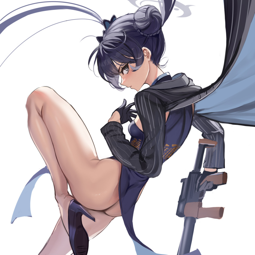 1girl ass black_dress black_eyes black_footwear black_gloves black_jacket blue_archive commentary double_bun dragon_print dress from_behind gloves gun hair_bun highres holding holding_gun holding_weapon jacket kisaki_(blue_archive) legs long_hair looking_at_viewer shoes simple_background solo stone_(ksorede) striped striped_jacket thighs twintails vertical-striped_jacket vertical_stripes weapon white_background