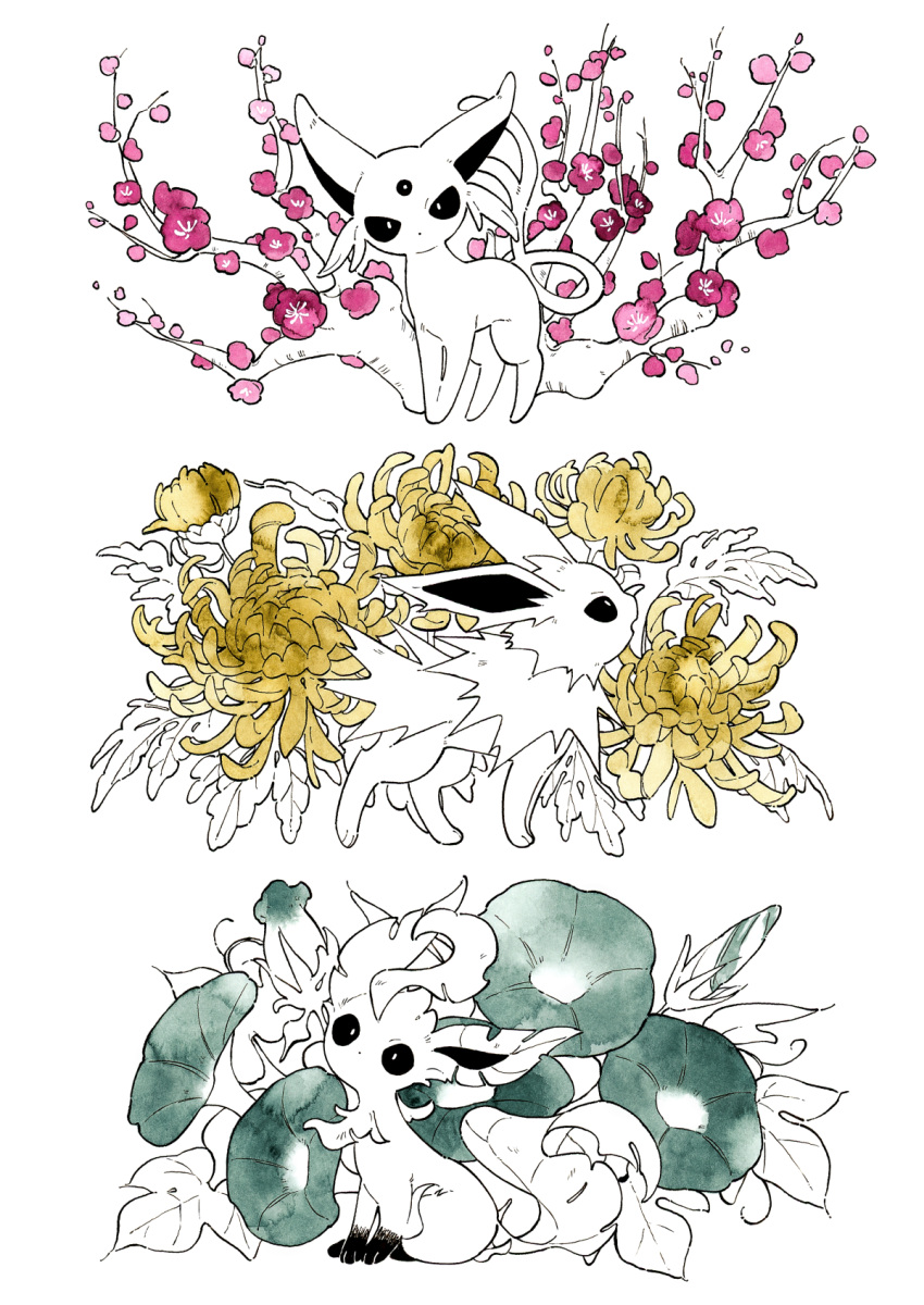 animal_focus brown_flower espeon flower forehead_jewel grey_flower highres jolteon leaf leafeon no_humans no_mouth oharu-chan open_mouth painting_(medium) pink_flower plum_blossoms pokemon pokemon_(creature) simple_background split_tail spot_color traditional_media watercolor_(medium)