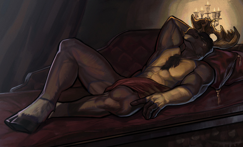 abs anthro antlers body_hair chest_hair deer diffuse_moose facial_hair hi_res hooves horn male mammal moose morshok muscular muscular_anthro muscular_male mustache new_world_deer pecs sleeping solo