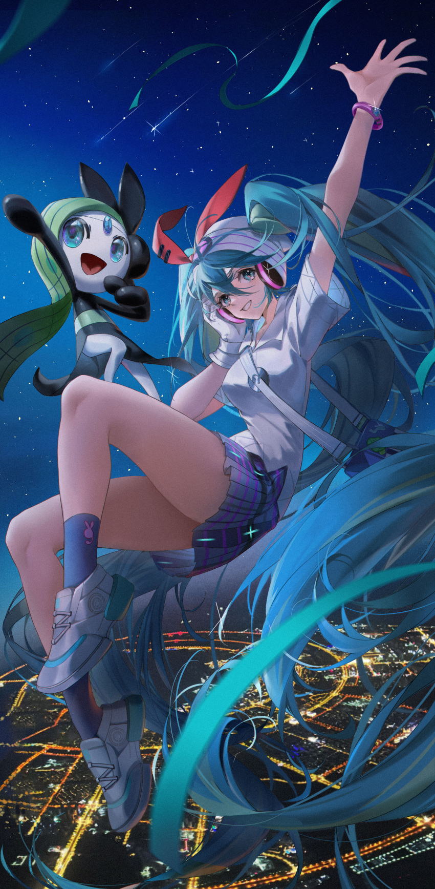 1girl absurdres alice_(mcaredor) arm_up beanie bracelet collared_shirt commentary_request day gloves green_hair grin hand_up hat hatsune_miku highres jewelry long_hair outdoors pokemon pokemon_(creature) project_voltage psychic_miku_(project_voltage) shirt shoes shooting_star short_sleeves single_glove skirt sky smile sneakers socks teeth twintails vocaloid