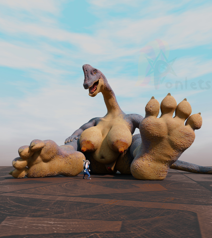 absurd_res animal_humanoid anthro blender_(software) brachiosaurid brachiosaurus breana_(upai) breasts dinosaur dinosaur_humanoid disney duo feet female female/female genitals hi_res humanoid judy_hopps lagomorph lagomorph_humanoid leporid leporid_humanoid macro/macro macro_female mammal mammal_humanoid nipples nude open_mouth ponlets pussy rabbit rabbit_humanoid reptile reptile_humanoid sauropod scalie scalie_humanoid soles toes upai zootopia