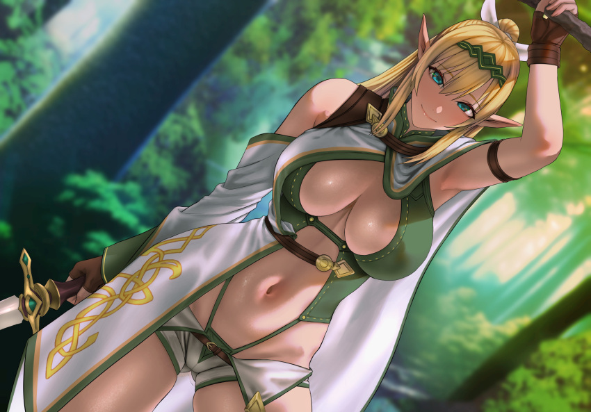 1girl arm_strap ass_visible_through_thighs blonde_hair blue_eyes blurry borrowed_character branch breasts cape cleavage commentary_request commission contrapposto cowboy depth_of_field detached_sleeves dutch_angle fingerless_gloves forest gloves green_hairband hairband highres holding holding_sword holding_weapon large_breasts long_hair micro_shorts midriff nature navel original pointy_ears ponytail sgk shorts single_detached_sleeve skeb_commission skindentation smile solo strap sword weapon white_cape