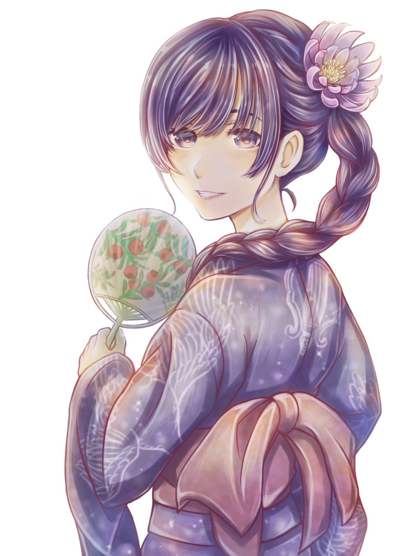 1girl alternate_costume alternate_hairstyle blush braid braided_ponytail flower from_behind hair_flower hair_ornament hair_over_shoulder hand_fan hand_up highres holding holding_fan japanese_clothes kimono long_sleeves looking_at_viewer looking_back monogatari_(series) obi paper_fan pink_flower print_kimono purple_hair purple_kimono red_sash sash senjougahara_hitagi sidelocks simple_background smile solo swept_bangs teeth tsukihi_shida uchiwa upper_body white_background wide_sleeves yukata